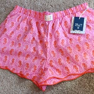 Roller Rabbit Pink Satin Sleep Shorts with Orange Seahorse Print
